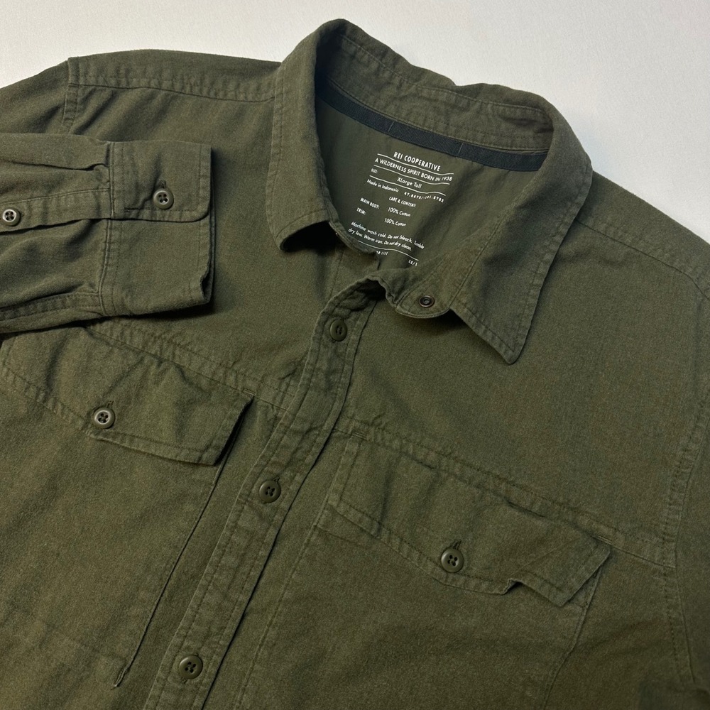REI Cooperative Mens XLarge Tall Green Long Sleeve Cotton Field Shirt